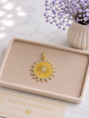 Freida Rothman Gold Sunburst Necklace Pendant w/ Baguette Stones